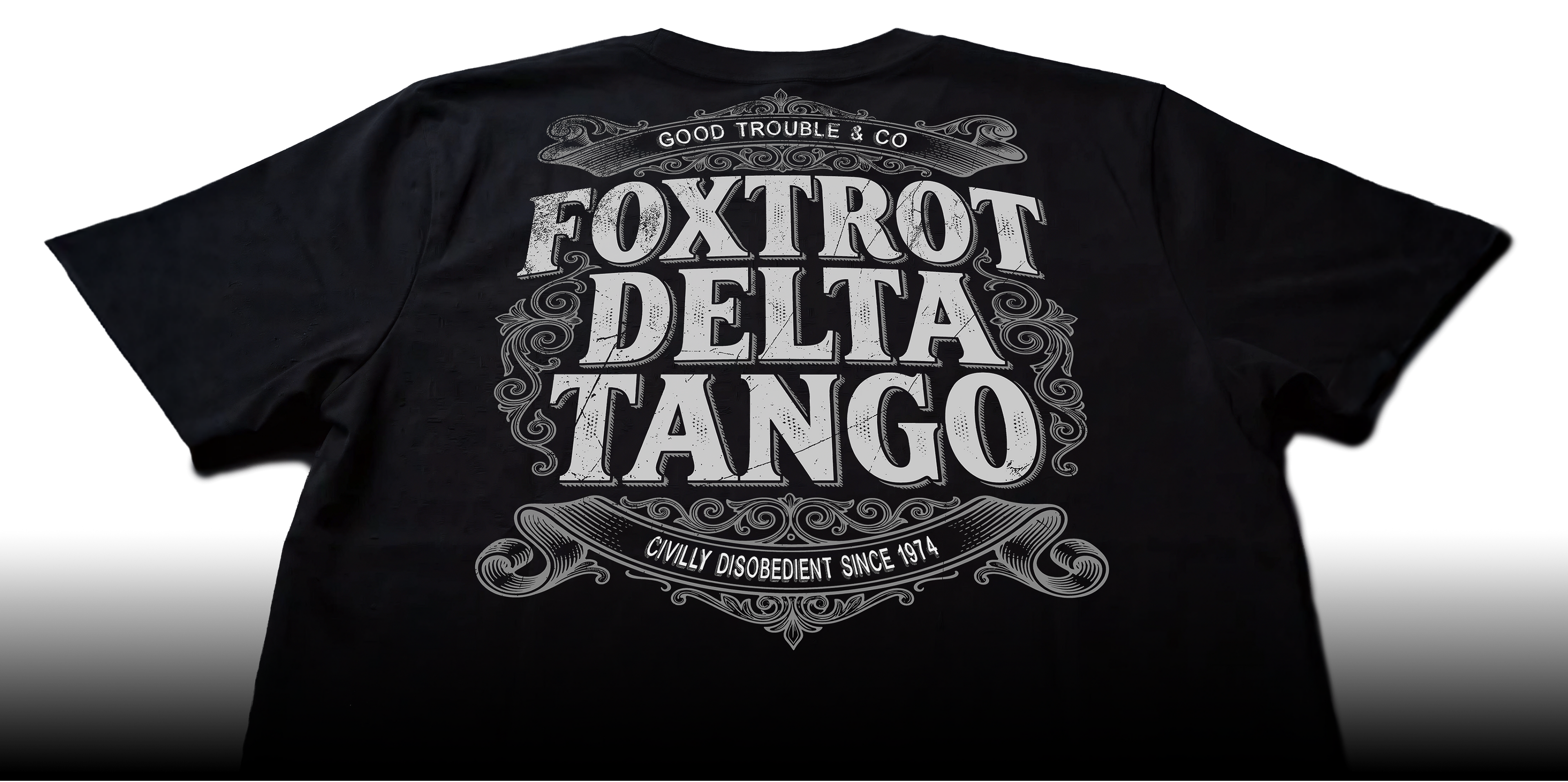 Black t-shirt with 'Foxtrot Delta Tango' text on a white background